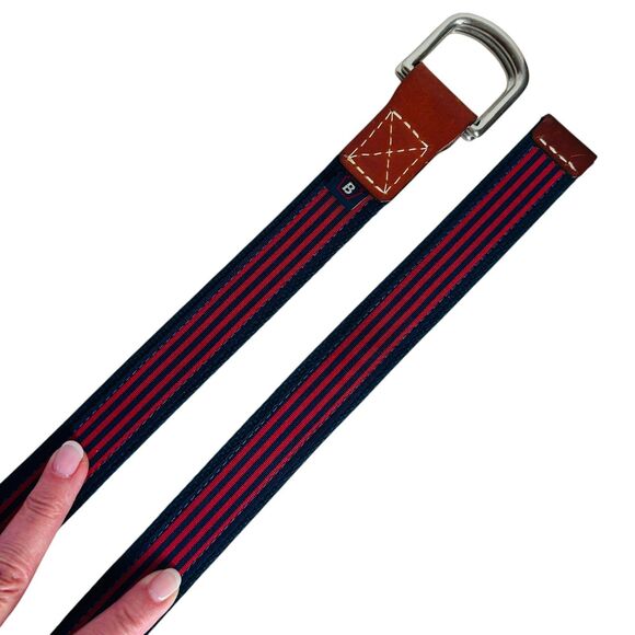 Navy Blue and Red Striped Belt Size L XL Brown Leather  Ends Unisex Men Women - Picture 5 of 6